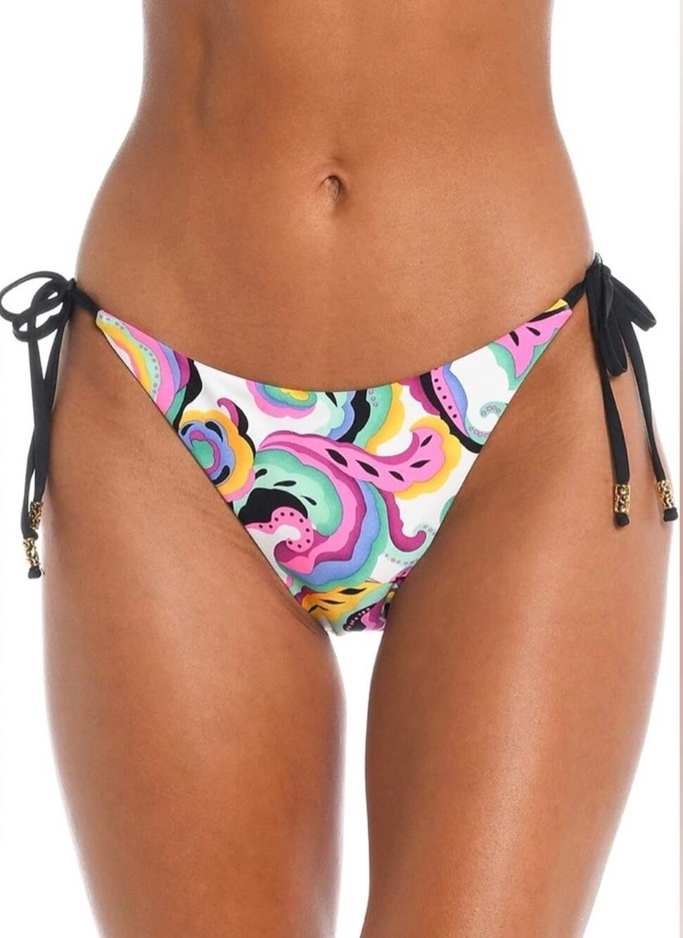 Sunshine 79 Bikini Bottom Size 12 Black Loop Hipster Paisley Side Tie Swim NWT